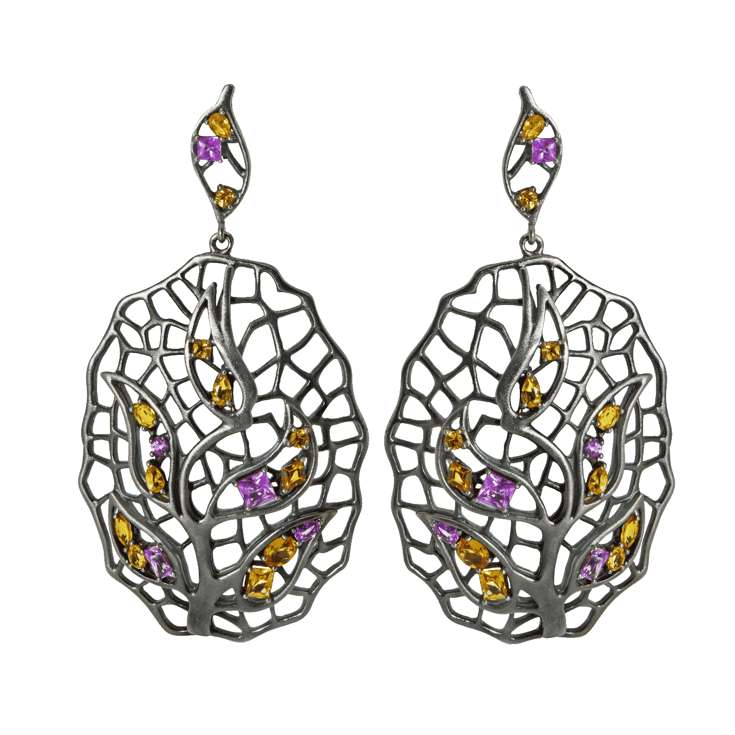 Feuille boucle d'oreilles or noir saphir