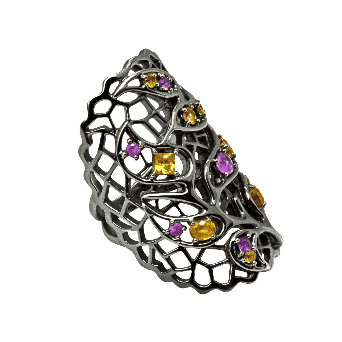 Feuille bague or noir saphir jaune