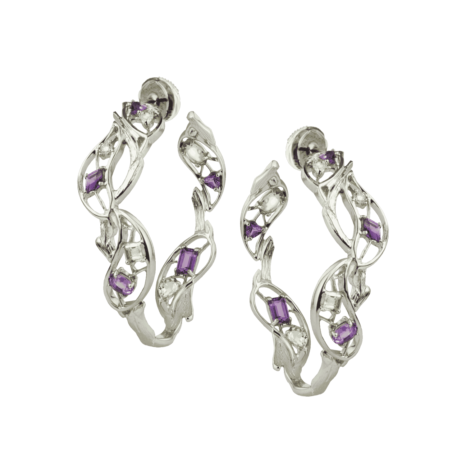 Feuille boucle d'oreilles creole or blanc saphir