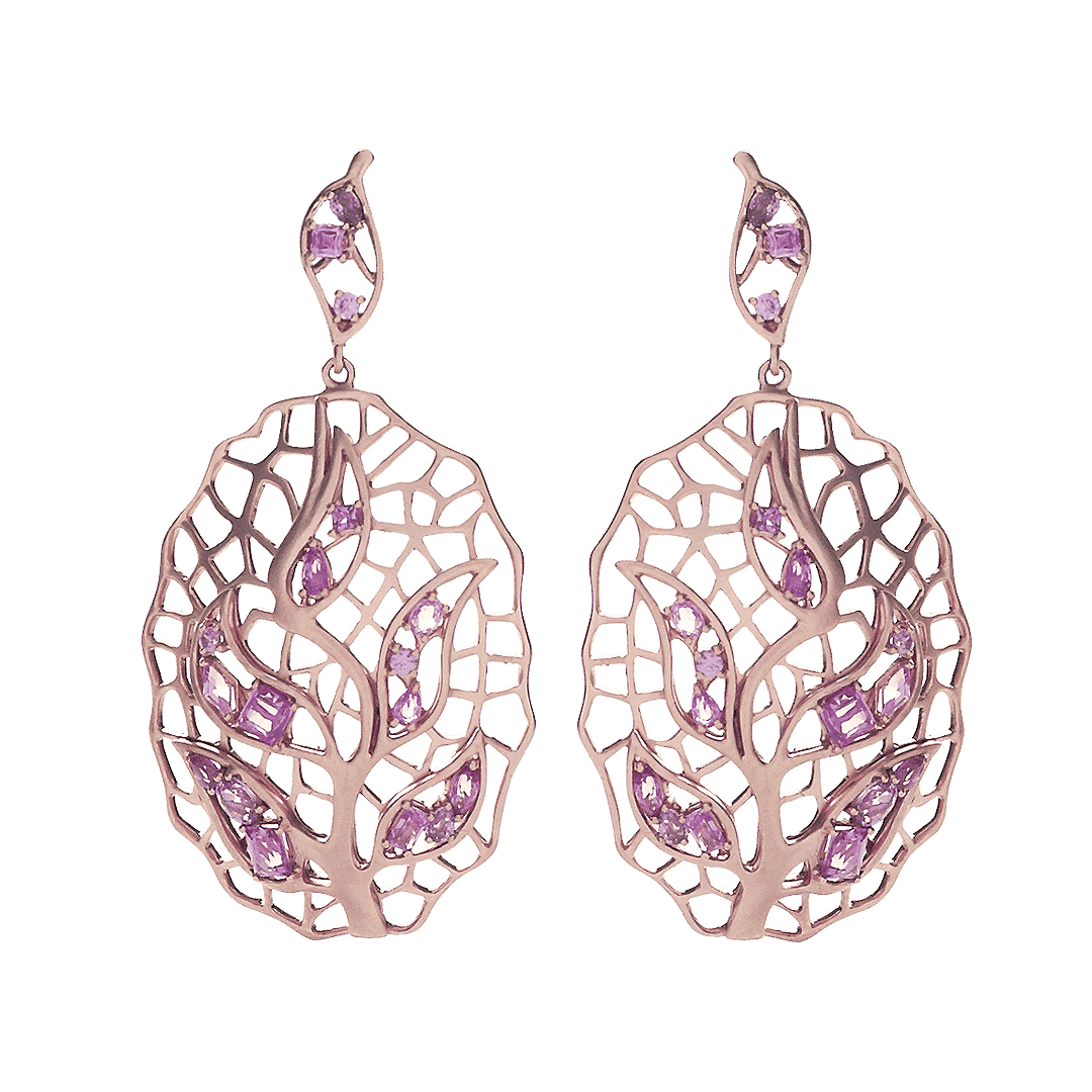 Feuille boucle d'oreilles or rose saphir