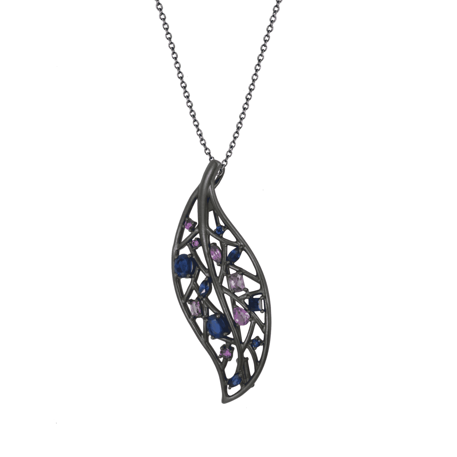 Feuille collier or noir saphir
