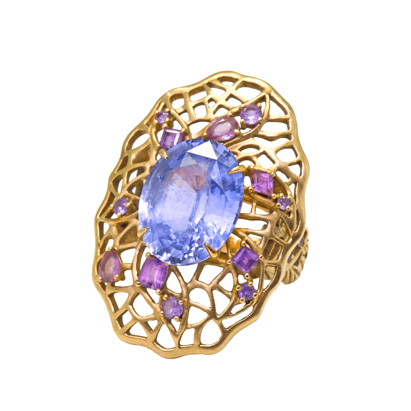 Feuille bague or rose saphir bleu