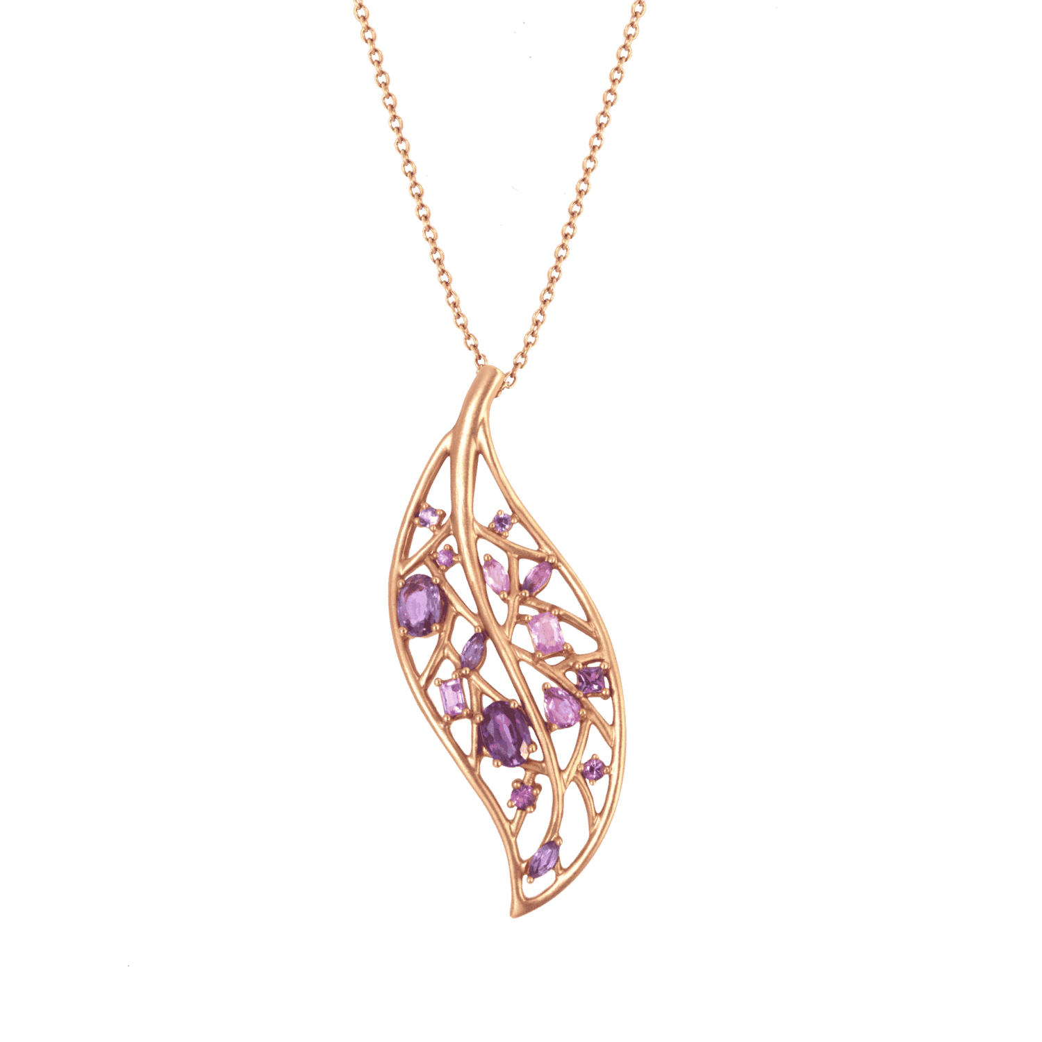 Feuille collier or rose saphir
